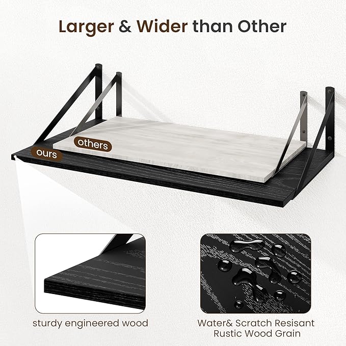 Fun Memories Floating Shelves for Wall, 12 Inch Deep Floating Shelves Set of 2, 36W x 12D Large Wall Shelf with Sturdy Metal Brackets for Living Room, Bathroom, Bedroom and Kitchen, Black