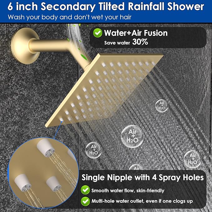 ENGA Shower Faucet Set, Dual Head Shower System 10" & 6" Square Rain Shower Heads with 2 in 1 Handheld Spray, 3 Way Water Diverter, Brushed Gold