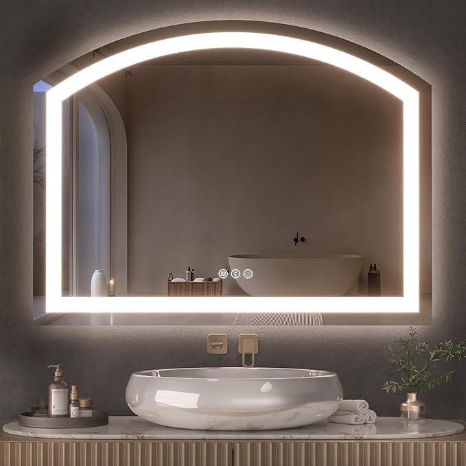 Hasipu 36" x 28" Arch LED Bathroom Mirror, Frontlit Wall-Mounted Vanity Mirror with Lights, Defogging, Smart Touch, Dimmable 3 Color Modes, Safety Shatterproof Glass Coating