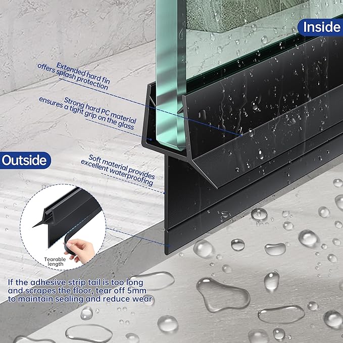 2-Pack Frameless Shower Door Bottom Seal (3/8" X 36") Clear Glass Seal Strip Shower Door Sweep - Stop Shower Leaks, Black