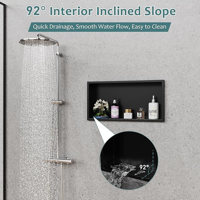 Shower Niche No Tile Needed, 12" X 24"(Outside Size 13.4"X25.4") Bathroom Niche for Shower Wall, Black Stainless Steel Wall Cabinet Insert for Bathroom, Recessed 2-Tier Shelf
