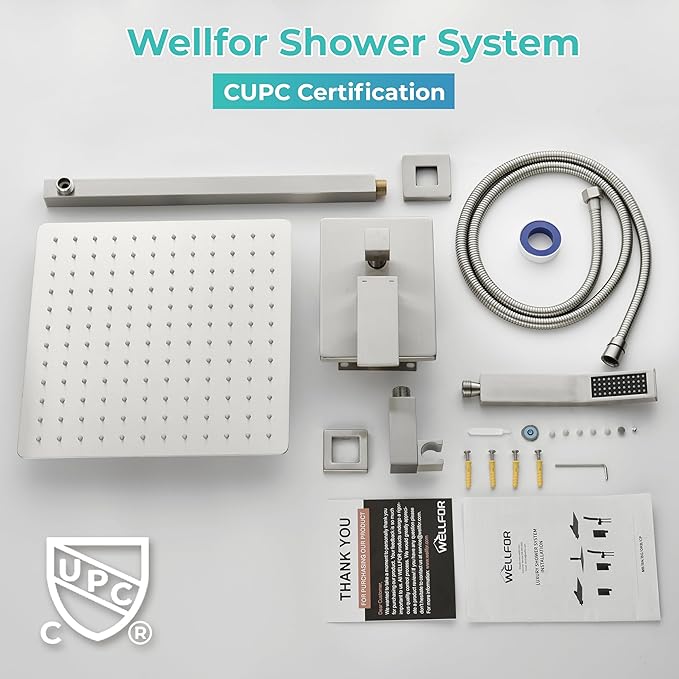 WELLFOR 12-In Wall Mounted Rain Shower Faucet with Single Handle and Handheld Spray, Waterfall Dual Head Shower Head System with 2-way Diverter, Pressure-balanced Valve Included, Brushed Nickel