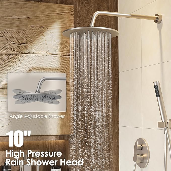 Gabrylly Shower System, Wall Mounted Shower Faucet Set with Shower Valve, High Pressure 10" Rain Shower head with Handheld Spray Combo, 2 Way Rainfall Shower Head Set, Brushed Nickel