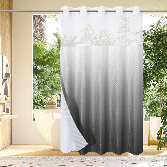 Gibelle No Hook Waffle Weave Shower Curtain with Snap-in Fabric Liner Set for Bathroom, Hotel Style with Mesh Top Window, Waterproof & Washable, Ombre Grey, 72x74