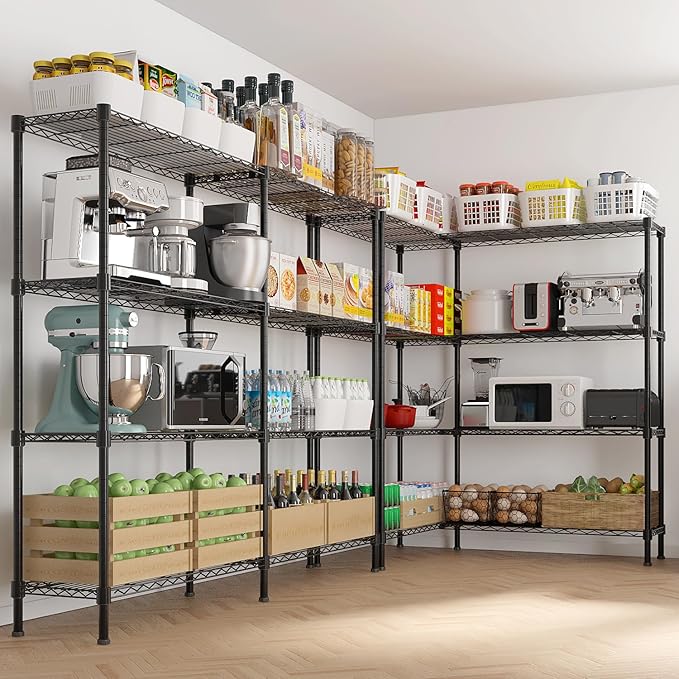 4 Tier Storage Racks Shelving, Heavy Steel Pantry Shelves, Adjustable Wire Shelving Rack, Suitable for Garage, Kitchens, Offices, 58" W x 14" D x 59" H, Black
