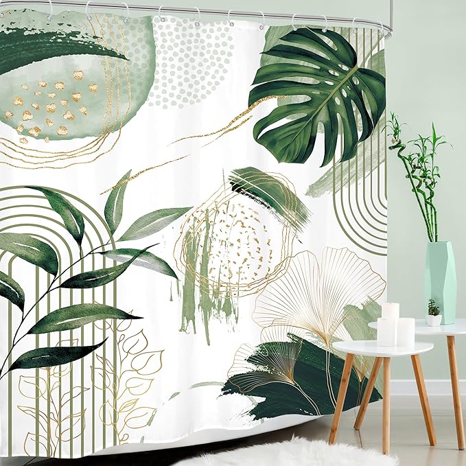 Sage Green Boho Shower Curtain Extra Long Modern Abstract Tropical Leaves Bohemian Gold Palm Leaf Mid Century 72Wx84H Bathroom Decor Geometric Plant Bath Curtain Fabric Polyester 12 Pack Hooks