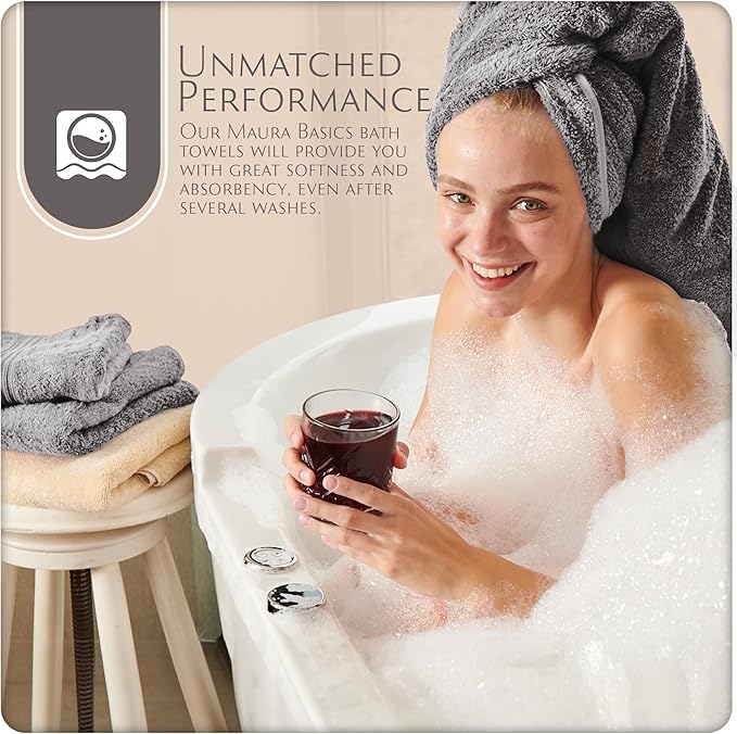 MAURA Basics Performance Bath Towels 100% Turkish Cotton with Hook Loops. Extra Large Luxury Absorbent Plush Towel Sets for Bathroom, Daily Use American Standard Size 27”x54”, Space Gray