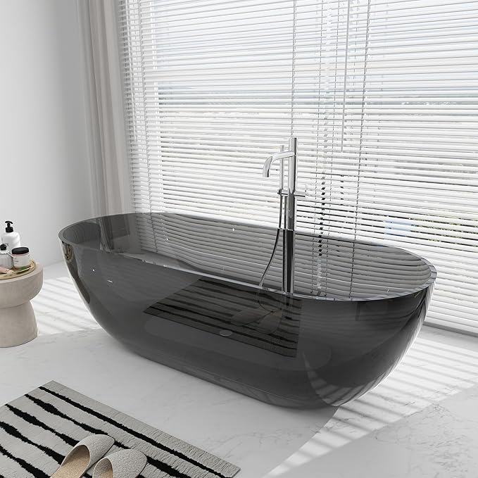 SJ STAR&JANE 69" Solid Surface Freestanding Bathtub Stone Resin Oval Soaking Tub Stand Alone Tub with Pop-up Drain Transparent Gray