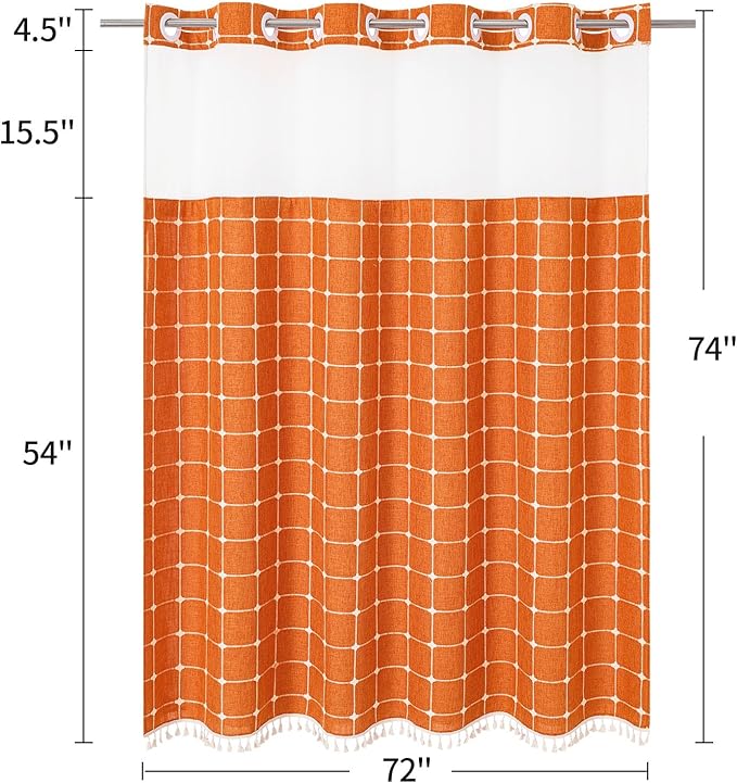 MitoVilla No Hooks Required Orange Shower Curtain with Snap-in Liner - with Window & Magnets, Boho Cotton Linen Fabric Shower Curtains with Tassels for Rustic Bathroom Decor, Burnt Orange, 72 x 74