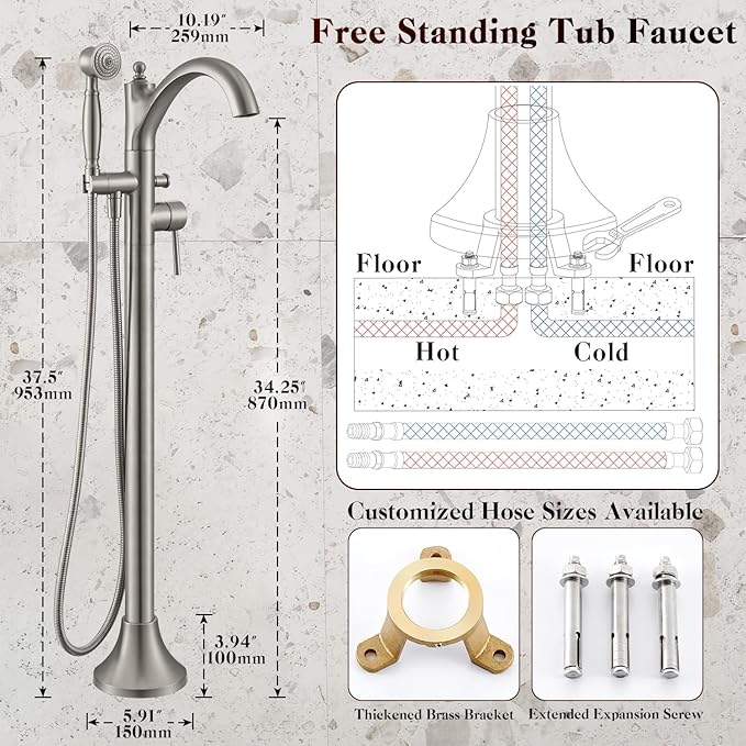 Freestanding Tub Faucets, Classic Freestanding Bathtub Faucet with Retro Handheld Sprayer High Flow Max 7.04GPM Floor Mount Tub Filler Swivel Spout Bath Tub faucet Brushed Nickel (WT-9002BN)