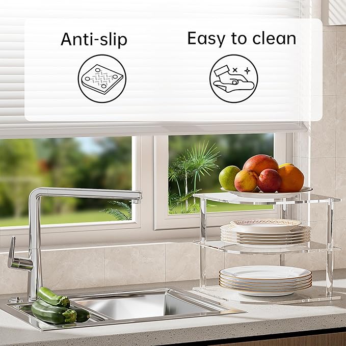 Plate Organizer for Cabinet Space Saver - Clear Acrylic Corner Shelf for Dishes, Bowls - 3-Tier Kitchen Cabinet Plate Organization, Dinner Plates Holder, and Small Shelf for Bathroom Storage