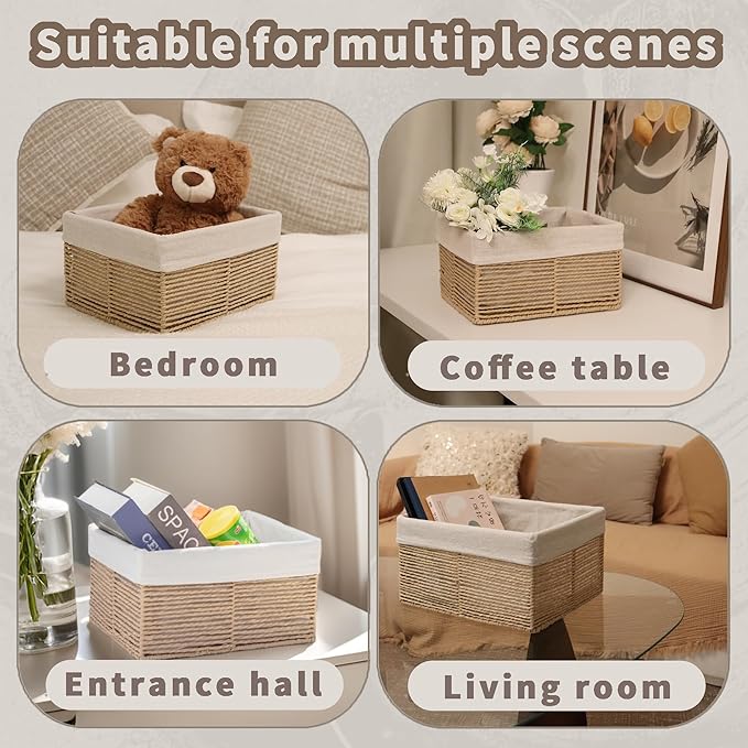 GYASVWU Hand-Woven Paper Rope Storage Baskets,Rectangular Wicker Baskets for Organizing,Decorative Woven Basket for Storage,Shelf Basket for Living Room,Storage Baskets for Pantry (Beige - Large)