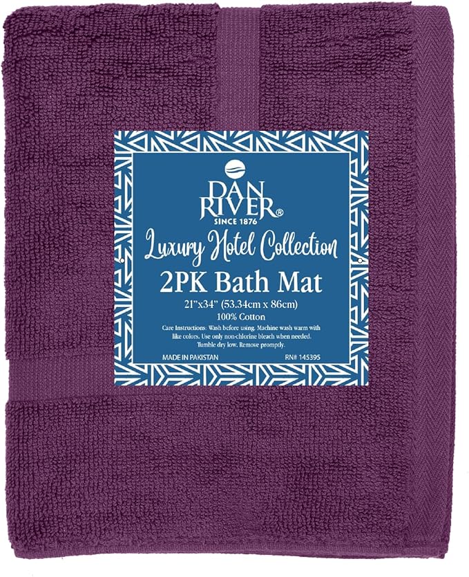 DAN RIVER Classic Cotton Bath Mats Set of 2 – Not a Bathroom Rug, Ultra Soft, Highly Absorbent & Machine Washable Bath Mat Towel for Bathroom Floor Mat – Durable, Quick-Dry, 21x34 Inches, Purple
