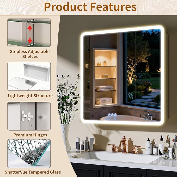 BEAUTYPEAK 30 x 32 LED Bathroom Medicine Cabinet Mirror, Adjustable Shelves, Silver Aluminum Cabinet, Anti-Fog Stepless Dimmable 3 Colors White/Natural/Warm, Easy to Install(Wall Mount/Recessed)