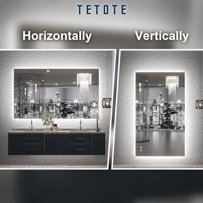 TETOTE 40 x 24 Inch LED Backlit Bathroom Vanity Mirror with Light,Anti-Fog,Dimmable,CRI90+,Touch Button,Water Proof,Horizontal/Vertical,Wall Mounted Lighted Mirror