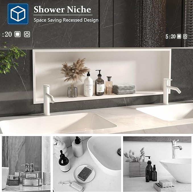 Neodrain 36X12 Inch Recessed Shower Niche, White Stainless Bathroom Wall Niche NO Tile Needed, Bathroom Storage Organizer in Wall for Shower