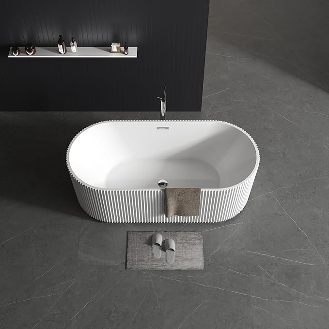 59" Acrylic Freestanding Bathtub, Soaking Tub with Brushed Gold Drain, Non-Slip Surface, Large White Bathtub for Adults, Durable Fiberglass Reinforced Free Standing Tub