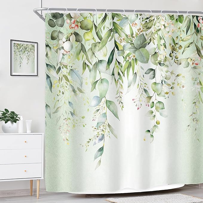 Riyidecor Colorful Floral Flowers Shower Curtain for Bathroom Decor 72Wx72H Spring Watercolor Leaves with Floral Plants Botanical Rustic Art Printed Fabric Polyester Waterproof 12 Pack Plastic Hooks