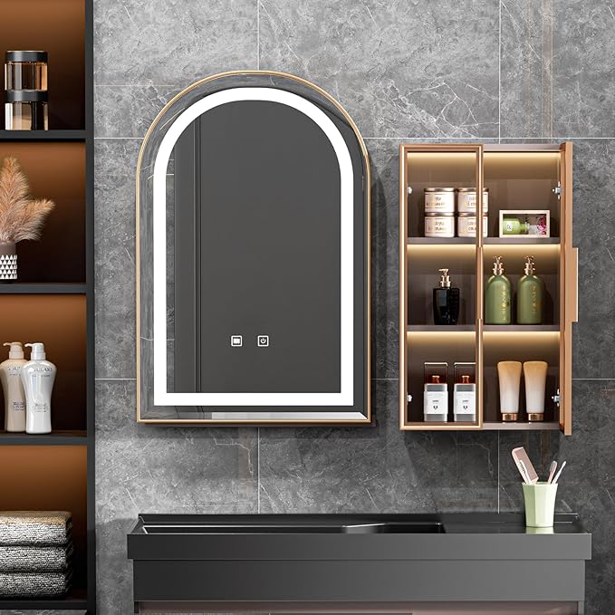 LED Bathroom Mirrors with Lights,24"x36"Black Arched Mirror for Bathroom,Fogless,3 Colors Dimmable,Anti-Fog,Wall Mounted Lighted Vanity Mirror,Gold