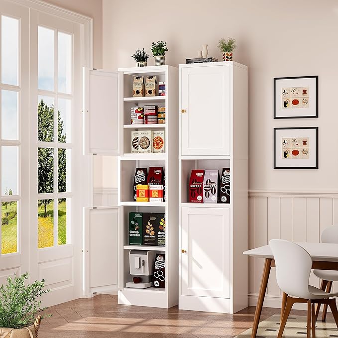 Tall Narrow Storage Cabinet,Metal Pantry Cabinet with Ajustable Shelves Open Countertop, Slim Sideboard for Small Spaces, Living Room, Kicthen, Dining Room, White