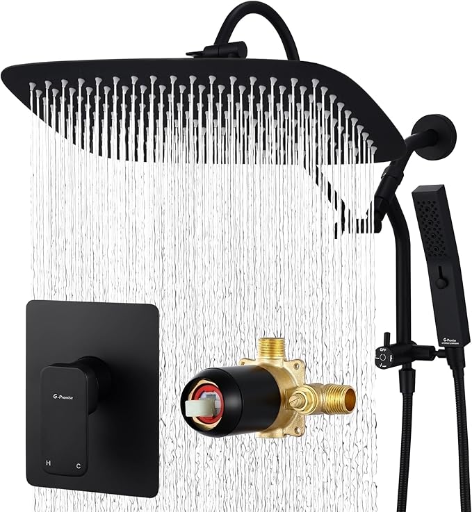 G-Promise 14 Inches Shower Faucet Sets Complete, All Metal Rainfall Shower Head and Handle Set, Extended Downward Diverter, Extension Arm and Pressure Balance Rough-in Valve Included
