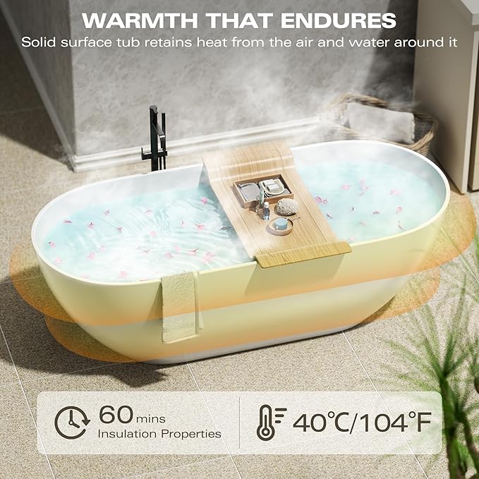 Abruzzo 63" Freestanding Bathtub Solid Surface - Oval Stone Resin Soaking Tub with Overflow & Pop-Up Drain, cUPC Certified Matte White, Heavy Duty for Modern Bathroom
