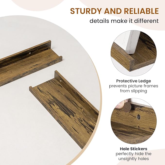 Axeman Picture Ledge Shelf, Floating Shelves for Wall Decor Set of 6, 24 inch Floating Wall Mounted Shelves, Shelves with Lip for Living Room, Bedroom, Nursery, Bathroom, Kitchen, Rustic Brown