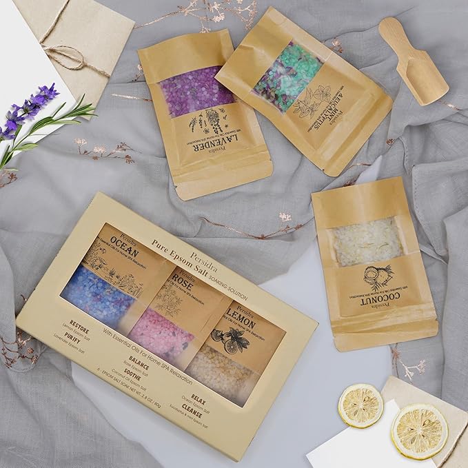 Bath Salts Gift Set 6-Pack - Relaxing Aromatherapy Spa Set for Women, 80g Self-Care Gifts for Mom, Mother's Day Birthday Gifts with Natural Sea Salts