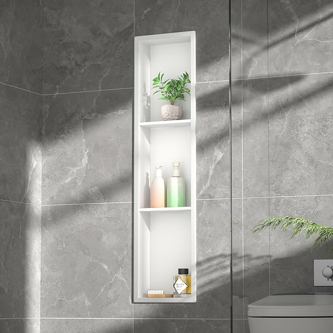 Stainless Steel Shower Niche 36" X 8" White No Tile Needed Niche Shower with 3-Tiers Shelf for Bathroom Storage Recessed Wall Niches Bathroom Shelf Over Mount Installation