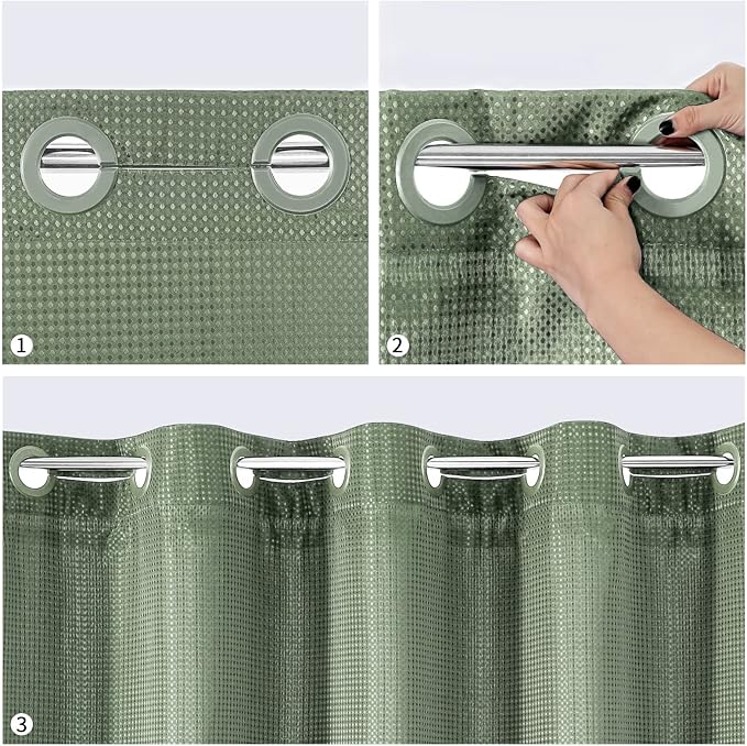 MitoVilla No Hooks Needed Extra Long Shower Curtain Liner Set, Sage Green 86 inch XL Waffle Fabric Shower Curtains Set with Snap-in Liner for Luxury Hotel Grade & Spa-Like Bathroom Decor