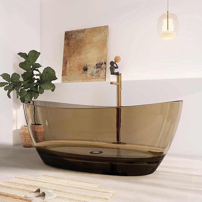 65" Premium Solid Surface Freestanding Bathtub, Contemporary Design Stand Alone Stone Resin Tub with Overflow and Pop-up Drain, Transparent Brown