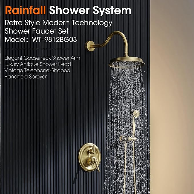 Antique Rainfall Shower System Bathroom Luxury Rain Mixer Shower Faucet Set with Pressure Balance Valve, Shower Combo Set with Rain Shower Head and Vintage Handheld Spray 9 inch Light Gold