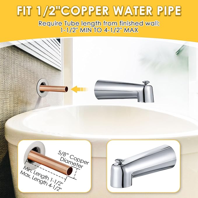 Enhon 7 Inch Slip on Tub Spout with Diverter, Compatible with Moen 3839/Moen 3853, Bathtub Diverter Spout Fits 1/2" Copper Water Tube(5/8" Diameter), 5/32" Hex Wrench (Polished Chrome,Classic)