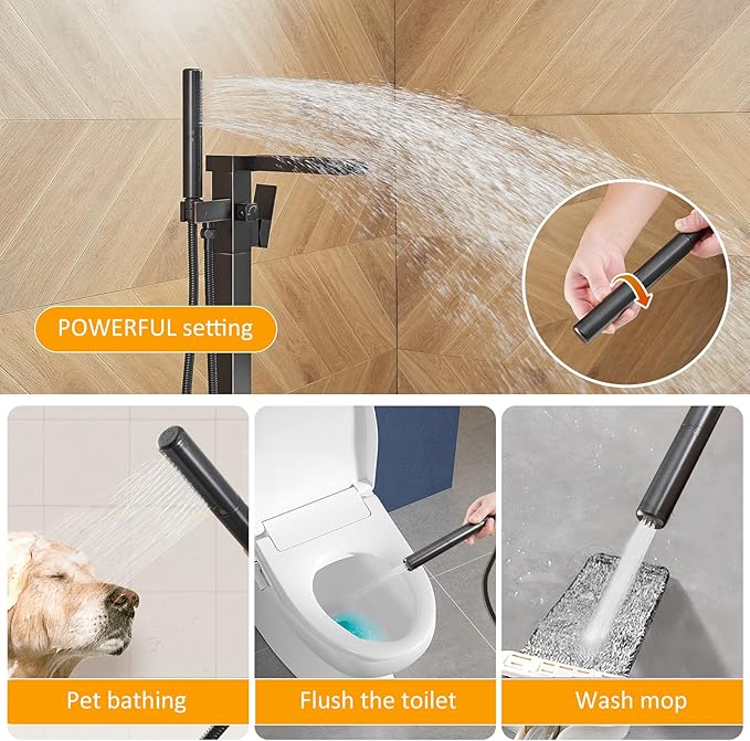 BESy Freestanding Bathtub Faucet Waterfall Tub Filler Oil Rubbed Bronze Floor Mount Brass Single Handle Bathroom Tub Faucets with 2 Function Hand Shower Wand