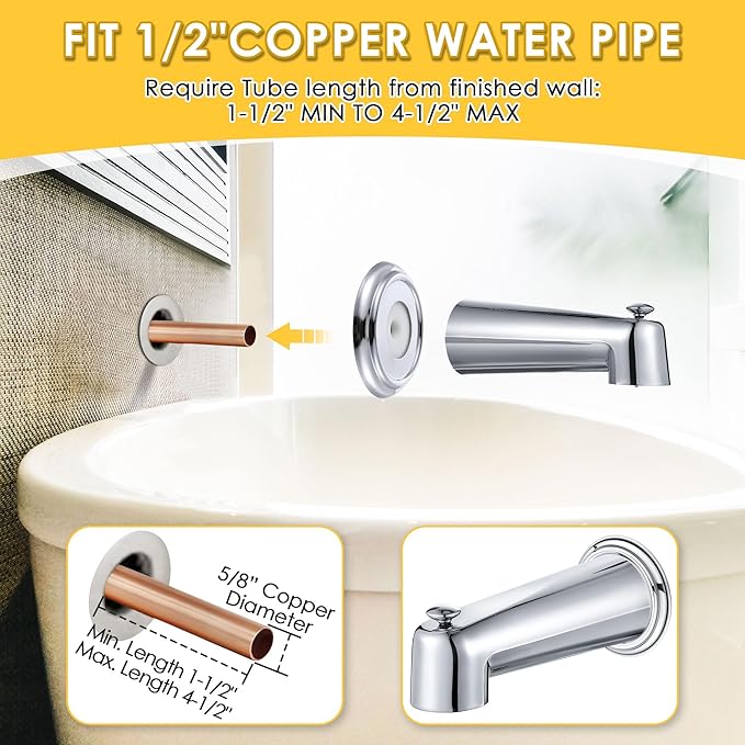 Enhon 7 Inch Slip on Tub Spout with Diverter, Compatible with Moen 3839/Moen 3853, Bathtub Diverter Spout Fits 1/2" Copper Water Tube(5/8" Diameter), 5/32" Hex Wrench(Polished Chrome,Cover Ring)