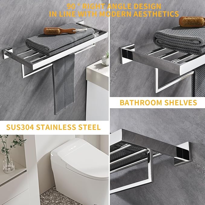 24 Inch Towel Racks for Bathroom - Wall Mounted Bright Polished Finish, Stainless Steel Single Towel Bar with Shelf, Hotel-Style Bathroom Towel Storage Organizer for Home Lavatory
