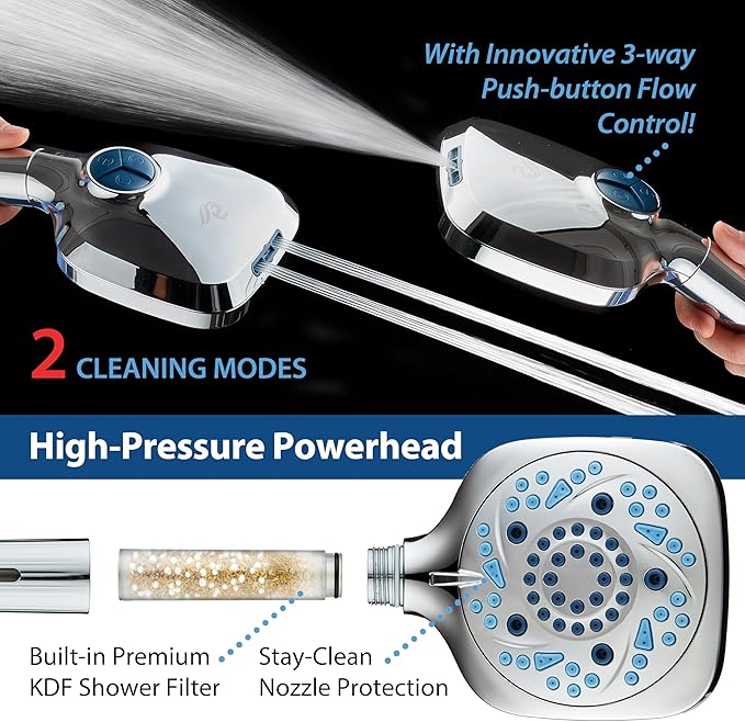6-way High Pressure 82 Spray Mode Filtered Showerhead Combo - Handheld Shower Head Filters Chlorine to Heal Dry Skin, Revive Hair - Dual Power Wash Cleans Tub, Tile, Pets - Hard Water Softener, Chrome