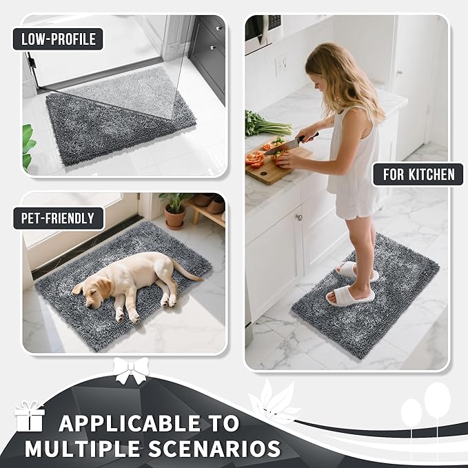Yimobra Luxury Chenille Bathroom Rug Mat, Extra Soft and Absorbent Shaggy Bath Rugs Non Slip, Machine Washble Dry, Plush Floor Carpet for Tub, Shower, and Bath Room, 36x24 Inch, Silver
