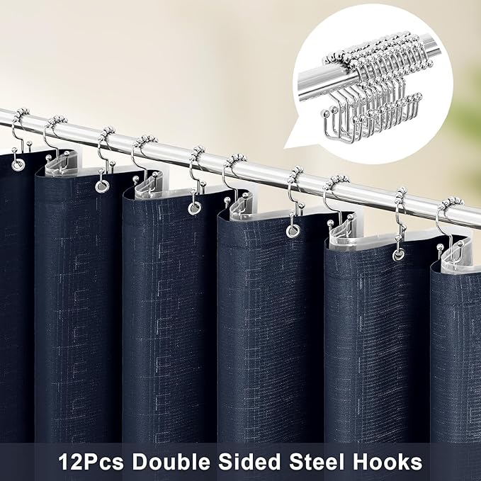 MitoVilla 3 in 1 Shower Curtain Set, Navy Blue Boho Farmhouse Linen Textured Bath Curtain and Clear PEVA Liner Set with 12 Double Sided Steel Hooks, Waterproof Fabric Hotel Bathroom Curtain - 72x72