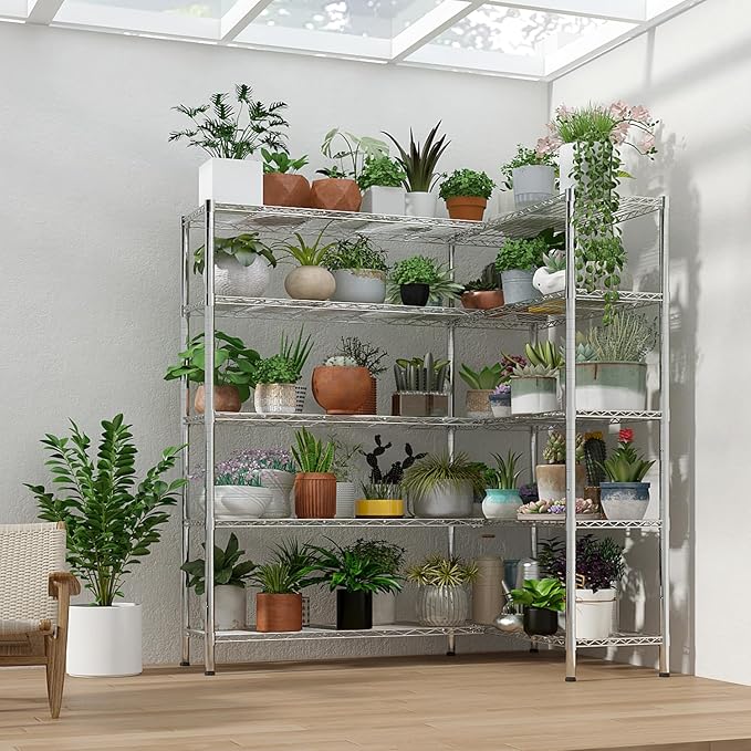 5 Tier Storage Racks Shelving, Heavy Steel Pantry Shelves, Adjustable Wire Shelving Rack, Suitable for Garage, Kitchens, Offices, 69.7" W x 16" D x 71" H, Chrome