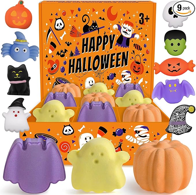 9 Pack Halloween Bath Bombs for Kids, Halloween Bubble Kids Bath Bombs with Surprise Toy Inside, Halloween Treat Bags Gifts for Kids Girls Boys