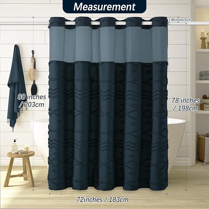 No Hooks Required Boho Farmhouse Shower Curtain Tufted Chevron Striped with Snap in Liner - 72W x 80H, Water Resistant Hotel Grade Spa Like Bathroom Curtain Set, Navy