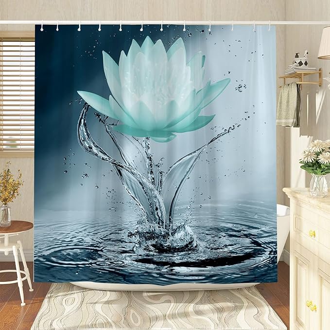 Lotus Shower Curtain Black White Teal Flower Elegant Blooming Floral with Dew Spring Flower Reflection on Water Modern Romantic Polyester Fabric Bathroom Decor 86×70 Inch with Hook
