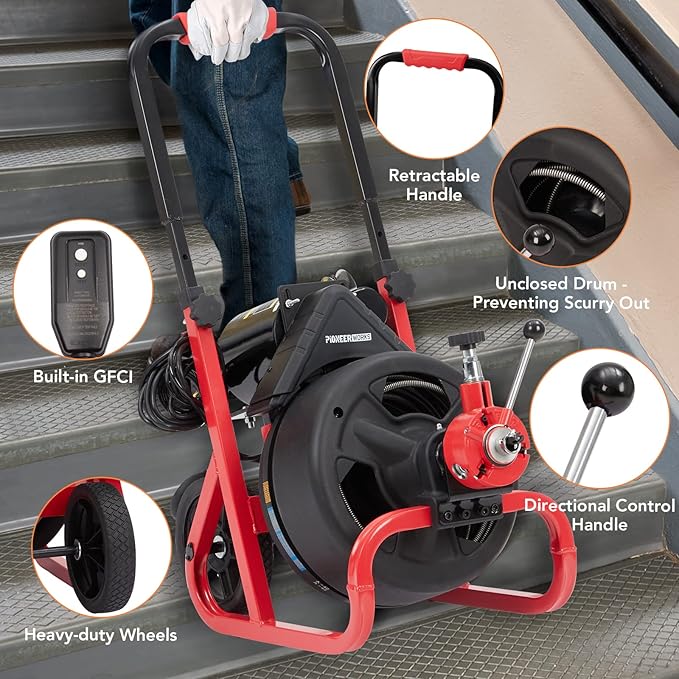 Heavy Duty Electric Drain Cleaner Machine, 100 Ft x 3/8 Inch Sewer Snake, 370w Auto-Feed, 6 Interchangeable Cutters, Gloves, Portable Pipe Cleaning Tool for 2-4 Inch Pipes