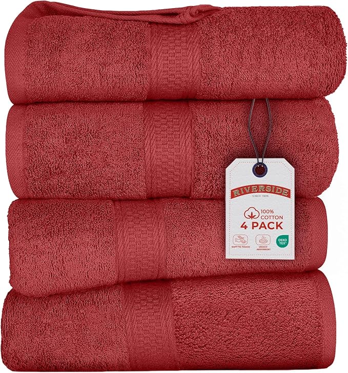 RIVERSIDE 100% Ring Spun Cotton Large Bath Towels Set of 4, 27 x 54 Inches – Quick Dry, Soft & Highly Absorbent Towels for Shower & Bathroom – Luxury 600 GSM Towels for Home, Spa, Gym, Hotel, Red