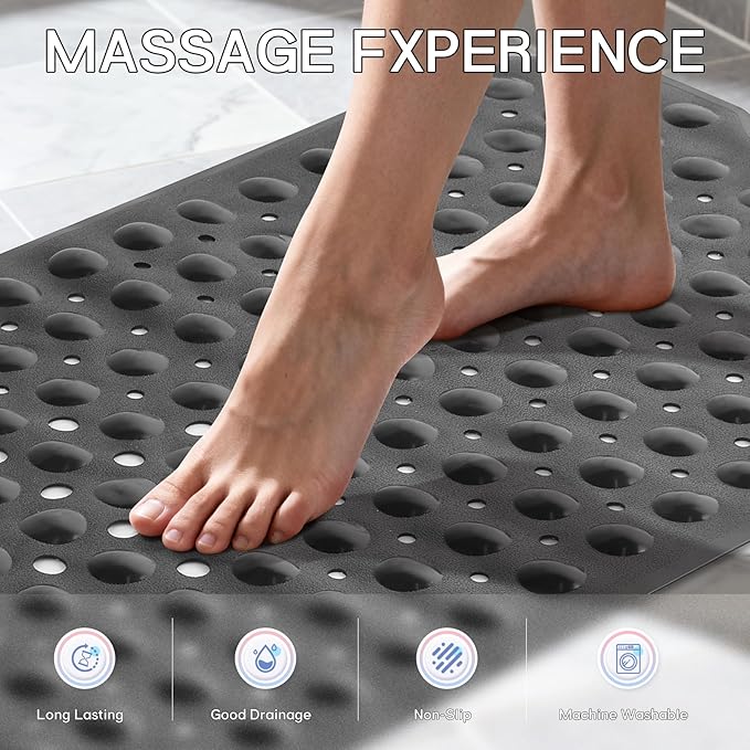 Anti-Slip Bathtub Shower mat, 39.3×15.7 inch（Approximately 100 × 40cm） Soft Oversized Machine Washable Non-Slip Bathtub mat with Drainage Holes, Bathroom Floor Suction Cup.（1-Opaque Black）