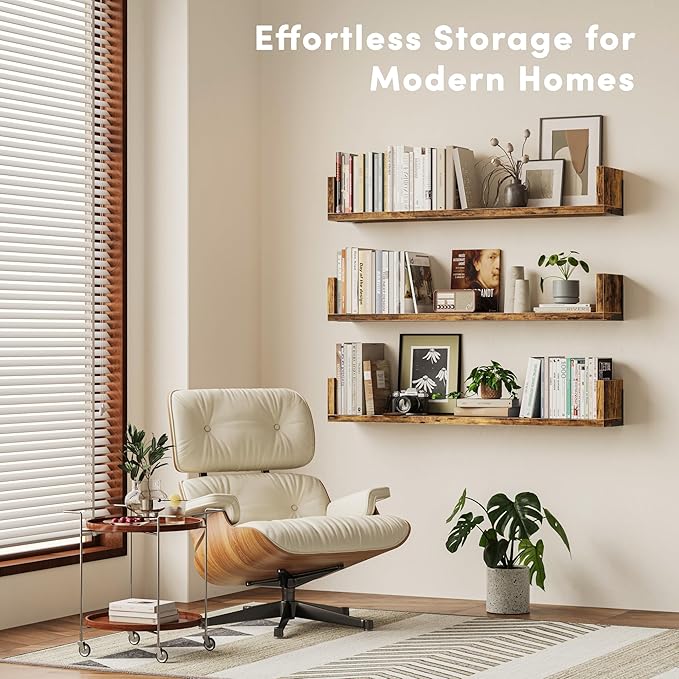 Wall Bookshelf, Set of 3, 36 Inches U Shaped Wall Shelves, Long Deep Floating Shelves, Large Floating Book Shelves - Wood Hanging Bookshelves for Kitchen, Bedroom