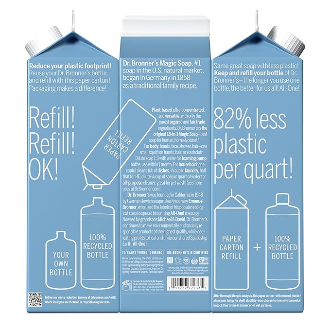 Dr. Bronner's Pure-Castile Liquid Soap Refill - Made with Regenerative Organic Certified Oils, 86% Less Plastic - 18-in-1 Uses, For Face, Body Wash, Hand Soap Refill & More - Baby Unscented, 32oz