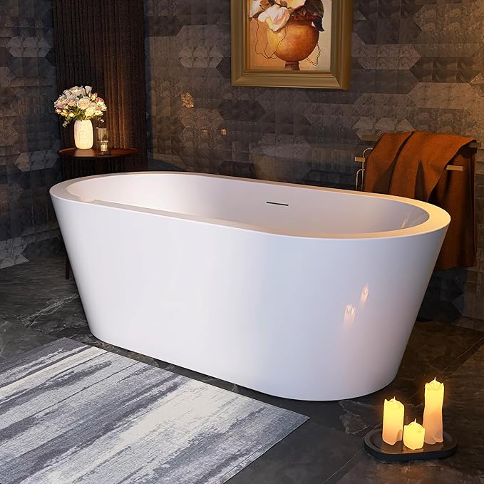 61 in. x 31 in.Classic Oval Acrylic Free Standing Tub, Heavy Duty Deep Soaking Tub, Bathroom Stand Alone Tub, Freestanding Bathtub SY1255 (Glossy White)