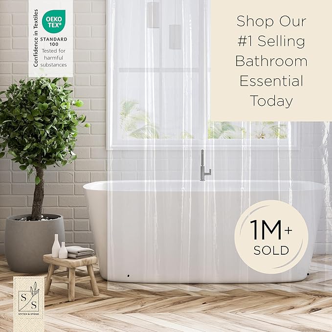 Stitch & Stone Shower Curtain Liner, Premium Lightweight Durable Waterproof 4g PEVA for Bathroom with Weighted Magnets, Standard Size 70" x 72" Clear 2 Pack